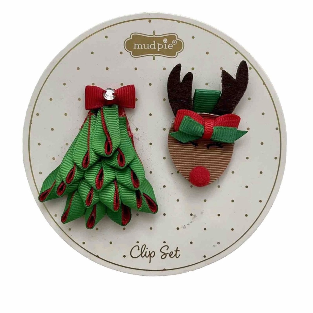 Mud Pie Christmas 2 Hair Clips Reindeer & Christmas Tree New